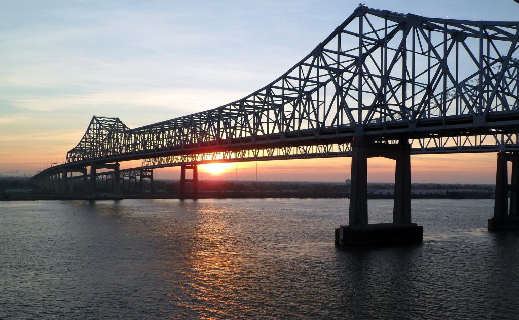 Sunset view of Crescent City Connection in New Orleans